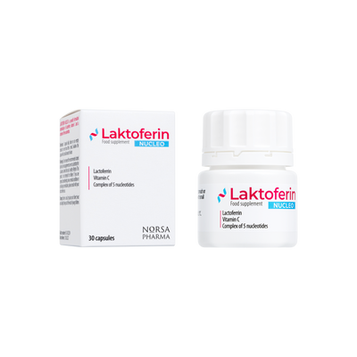 Laktoferin capsules and bottle on a white background