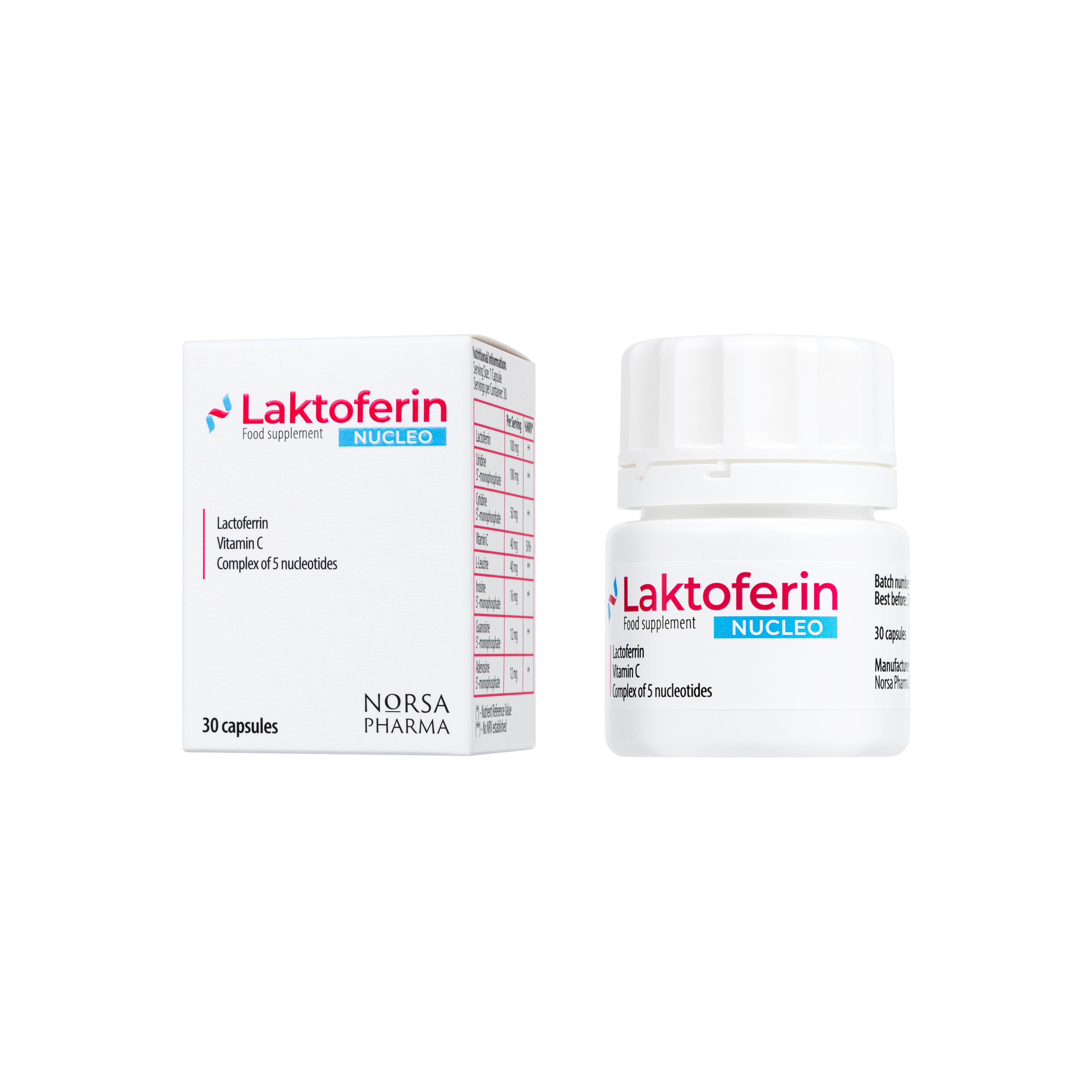 Laktoferin Nucleo supplement bottle and packaging on a white background