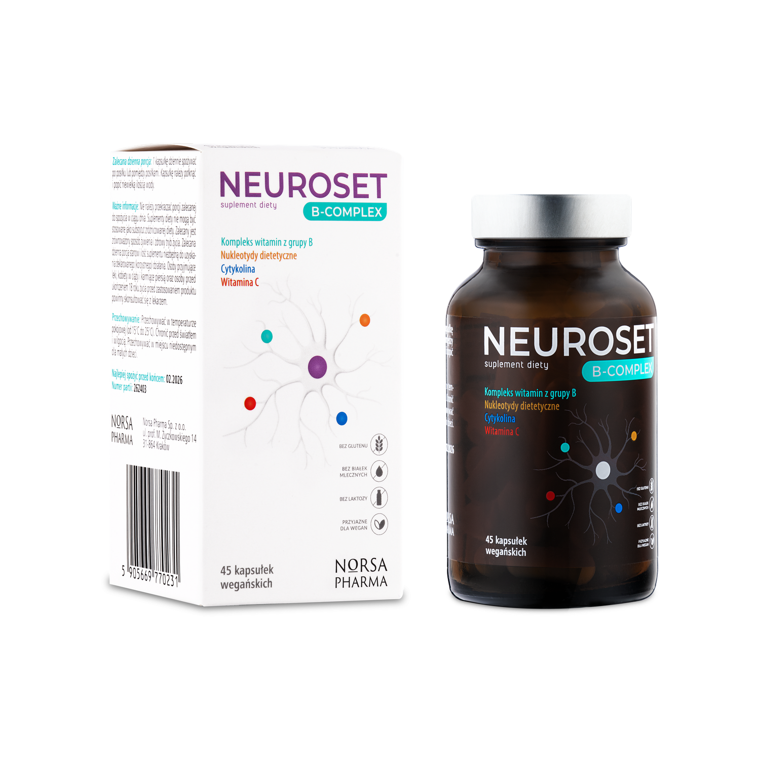 Neuroset B-Complex supplement box and dark amber bottle with silver cap, both featuring a colorful brain neuron design.