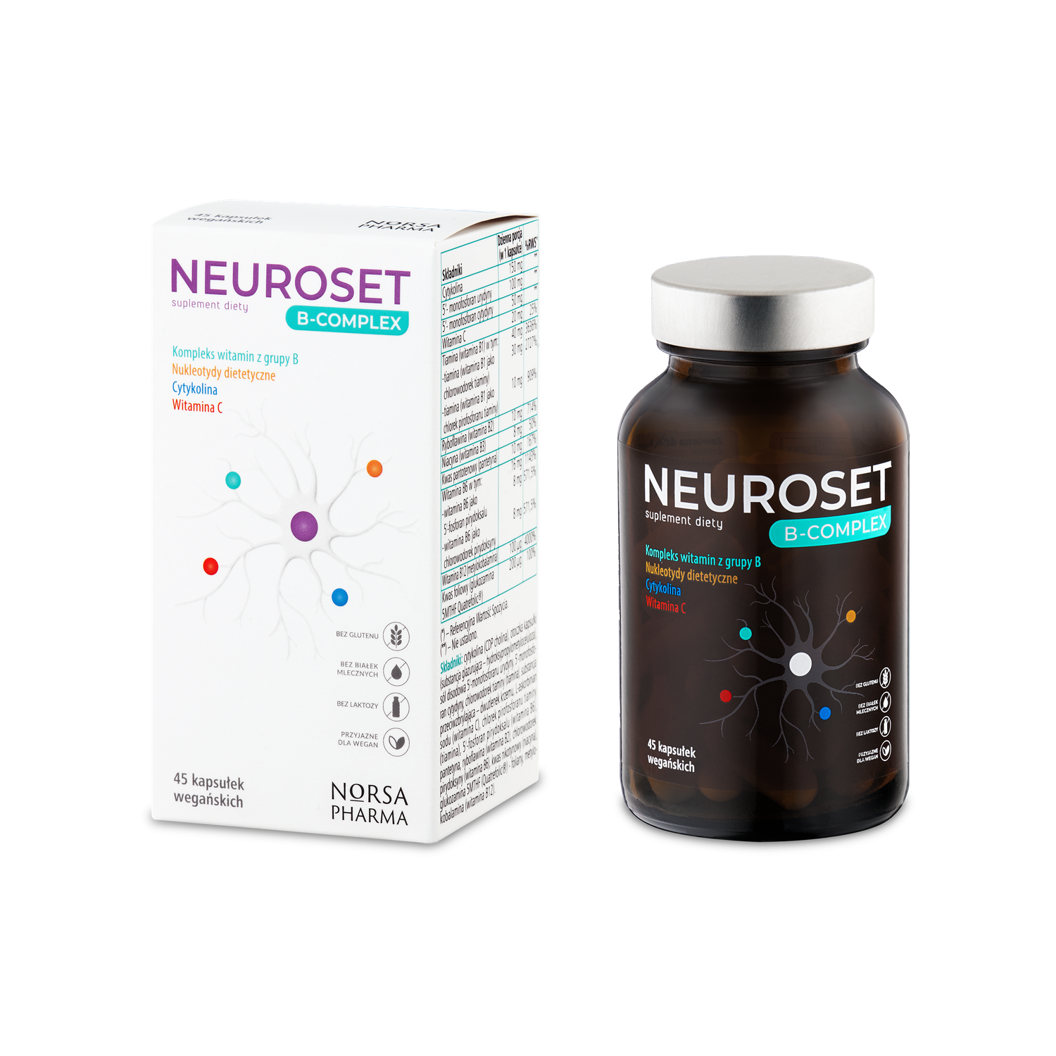 Neuroset B-Complex 45 vegan capsules, dark amber bottle with white cap, and white box with colorful neuron graphic.