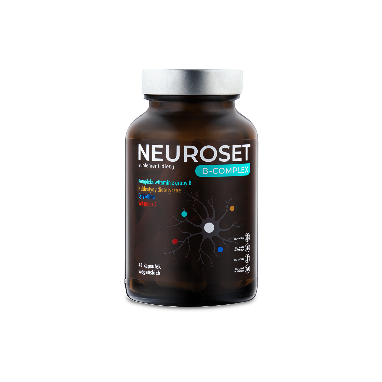 Brown glass bottle of Neuroset B-Complex, 45 vegan capsules, with silver cap and white label featuring a neuron graphic.