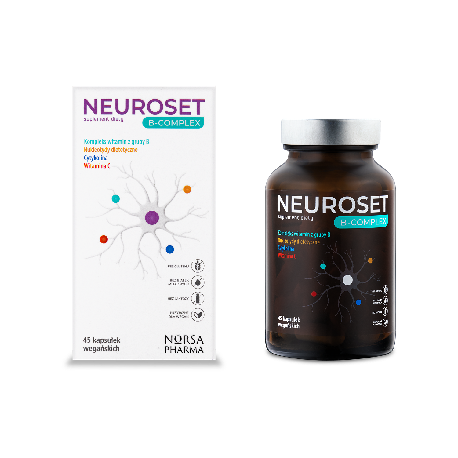 Neuroset B-Complex supplement box and dark amber bottle with silver cap, both featuring a colorful brain neuron design.