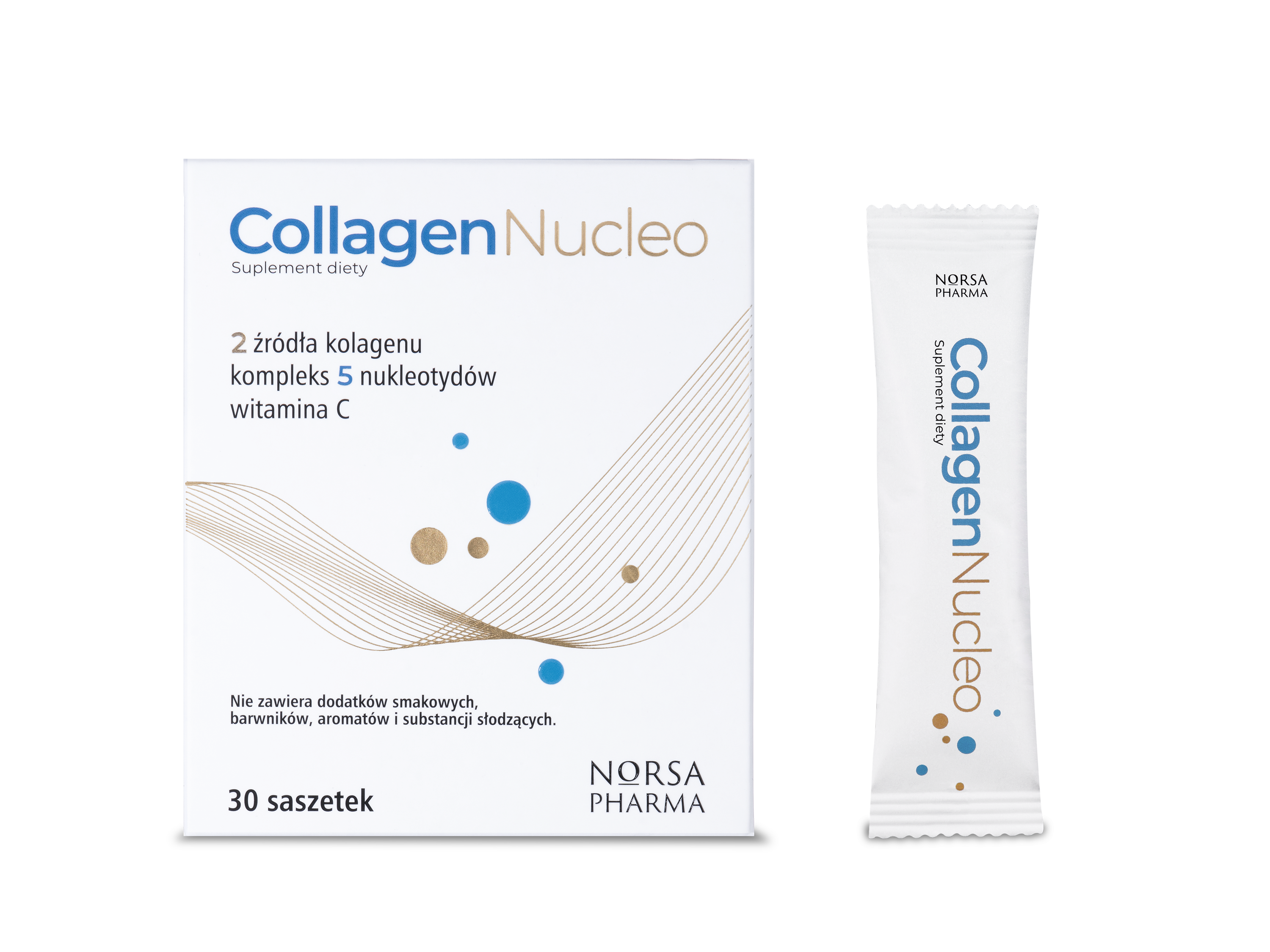 Collagen Nucleo supplement package with Norsa Pharma branding on a white background