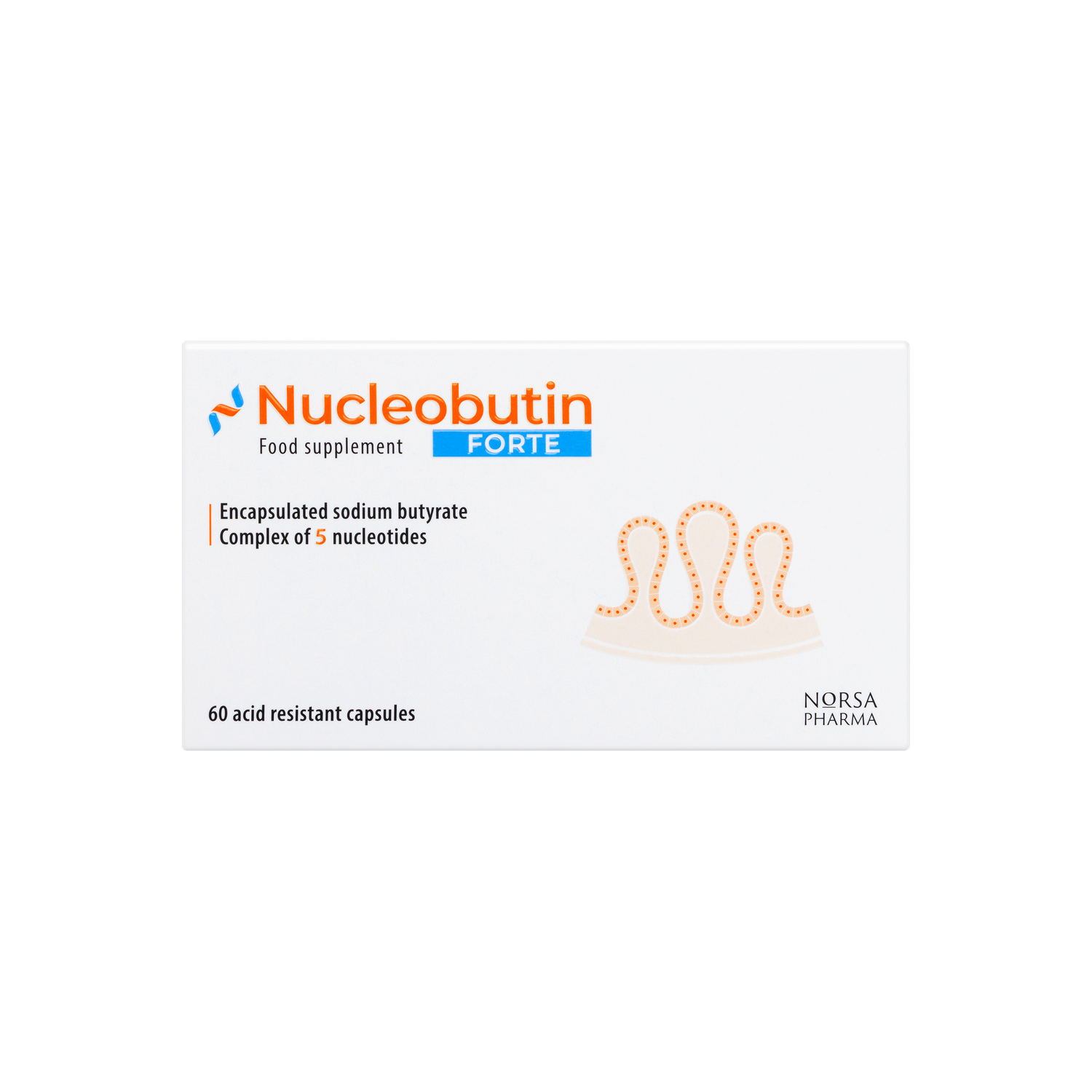 White Nucleobutin FORTE box with orange and blue text, showing an intestinal lining graphic and "60 acid resistant capsules".