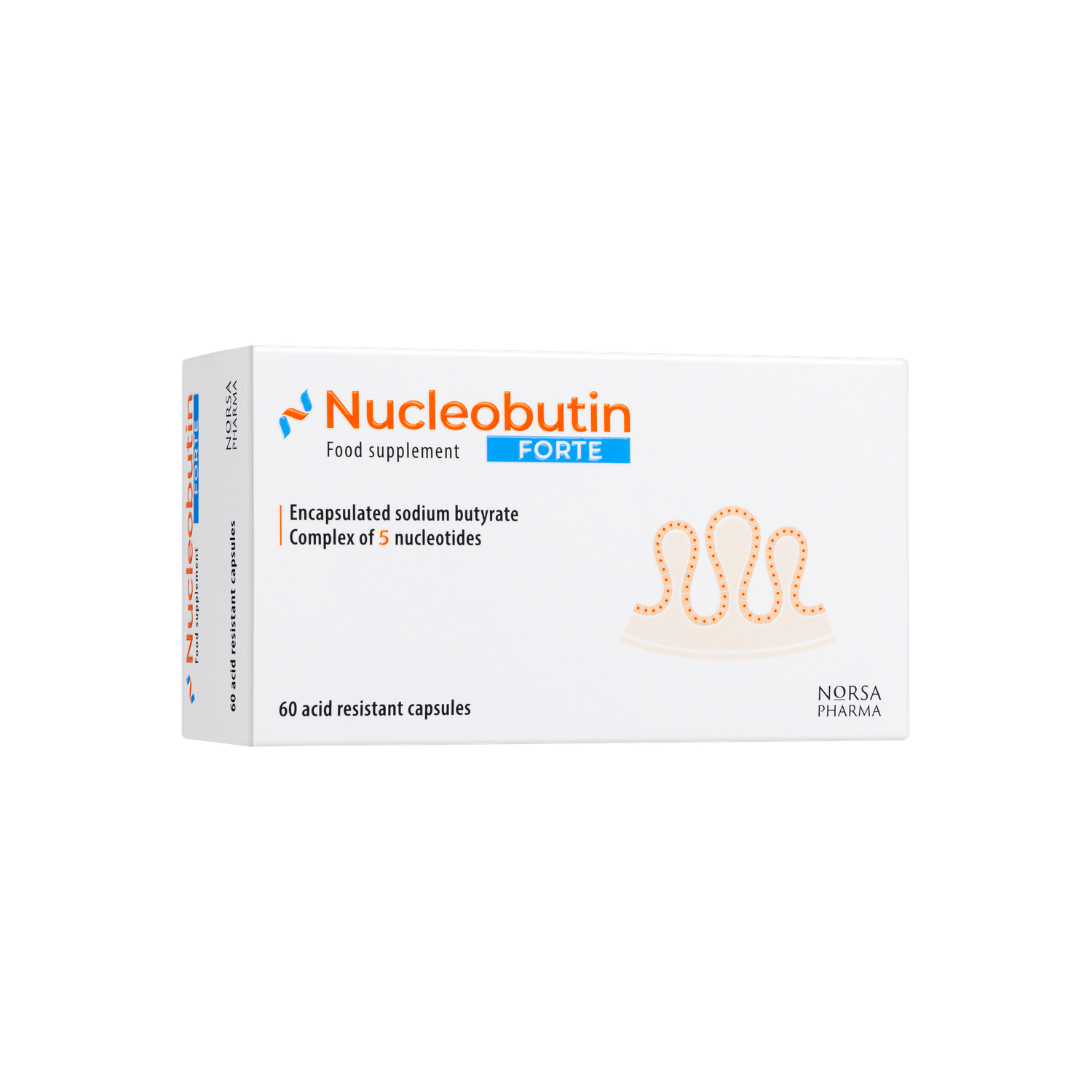 White box of Nucleobutin FORTE, 60 acid-resistant capsules, with an intestinal villi graphic.