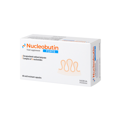 White Nucleobutin FORTE box with orange and blue text, showing an intestinal lining graphic and "60 acid resistant capsules".