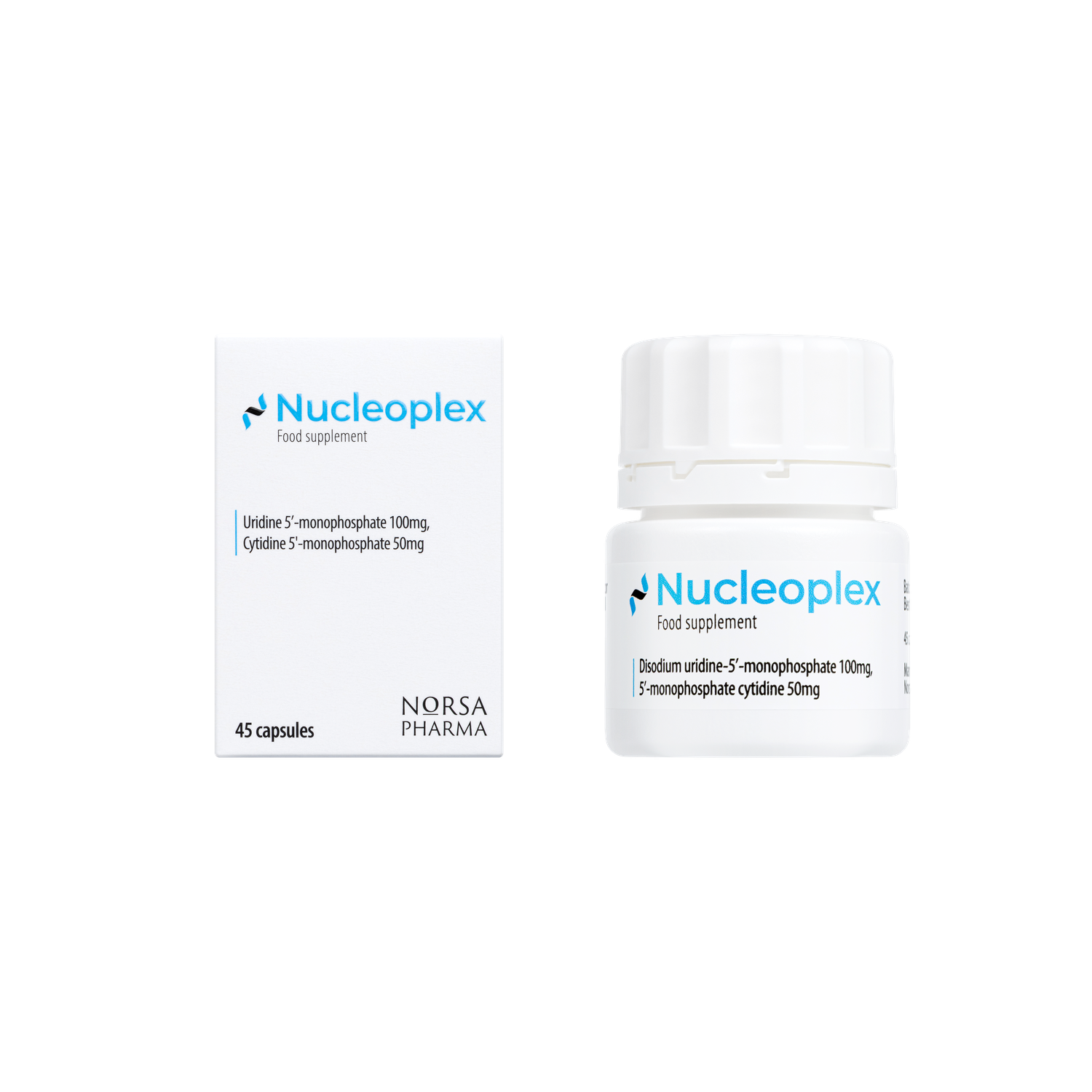 White Nucleoplex supplement box and bottle with blue logo, 45 capsules.