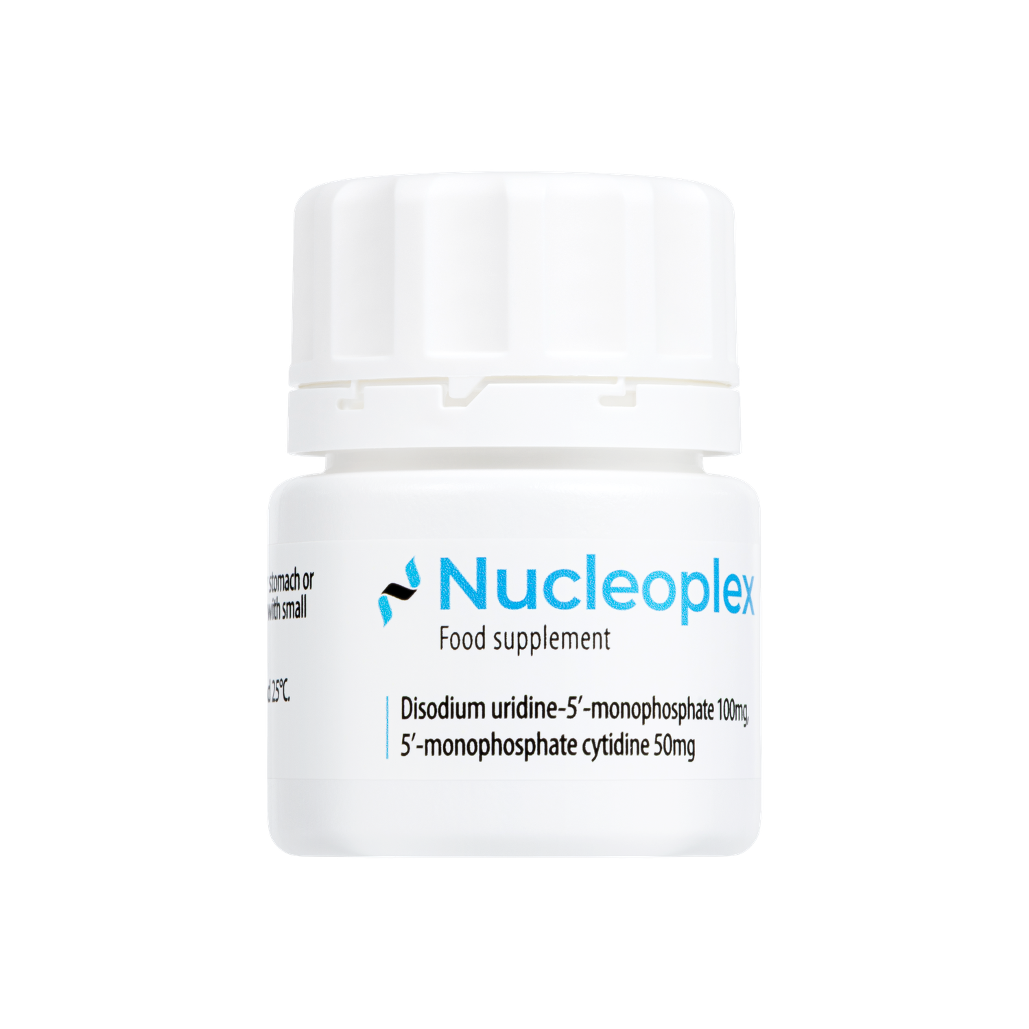 White Nucleoplex supplement bottle with blue logo, UMP & CMP details, and a ribbed cap.