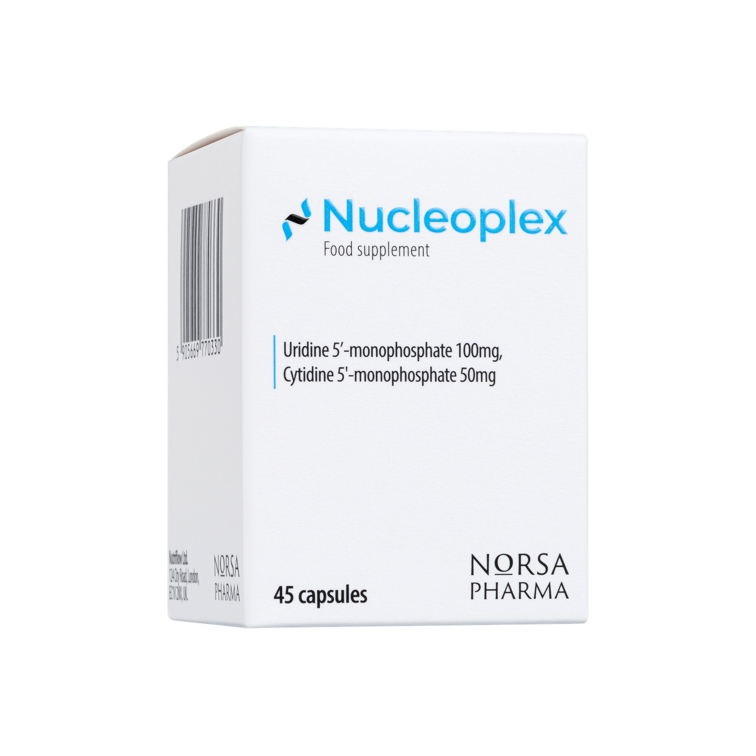 White Nucleoplex dietary supplement box with blue logo, UMP & CMP details, and "45 capsules.