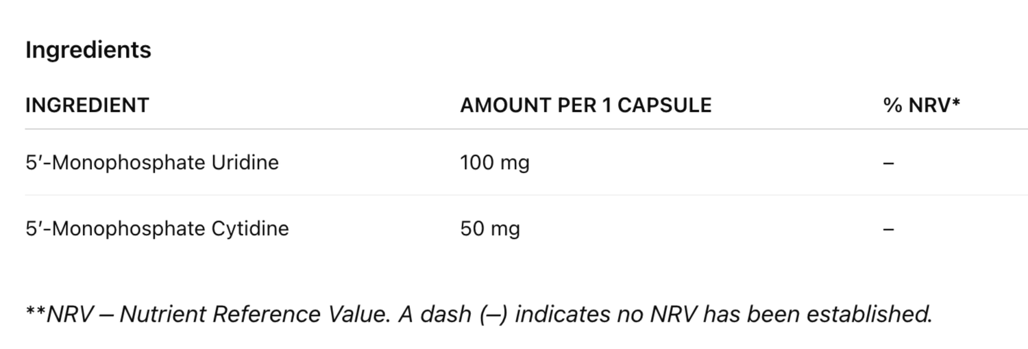Nucleoplex dietary nucleotide supplement with Uridine and Cytidine, 45 capsules.