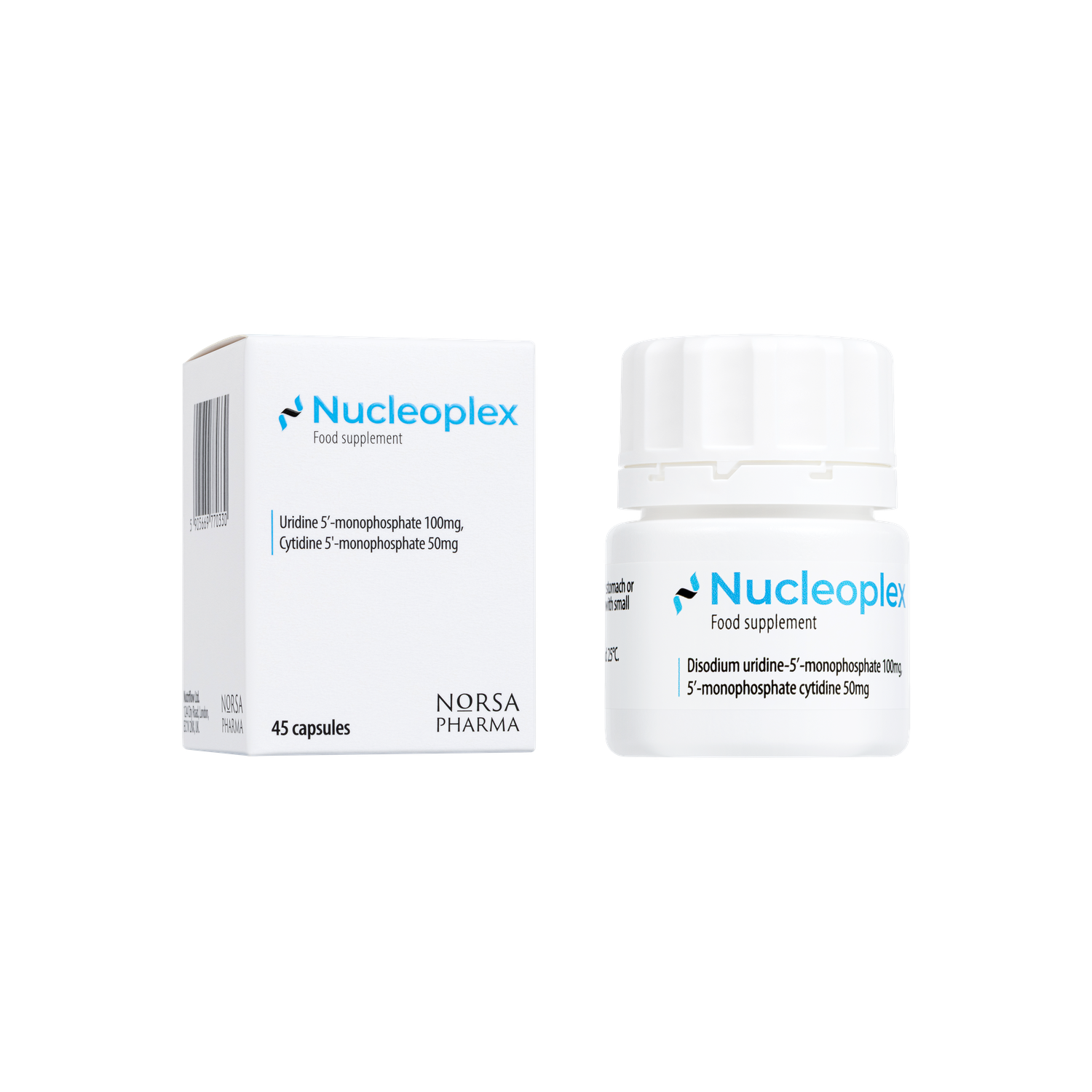 White Nucleoplex supplement box and bottle with blue logo, 45 capsules.