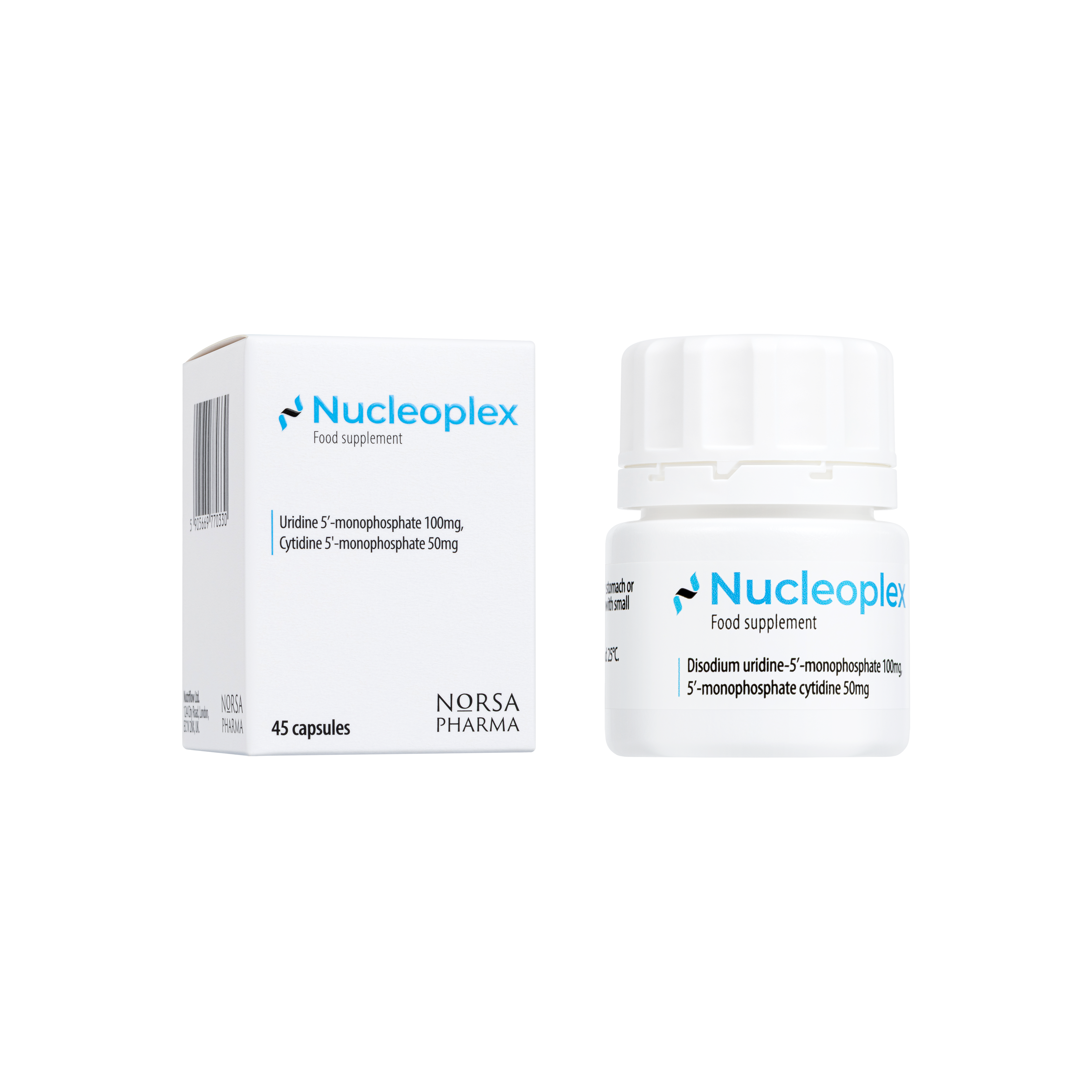 Nucleoplex supplement container and packaging on a white background