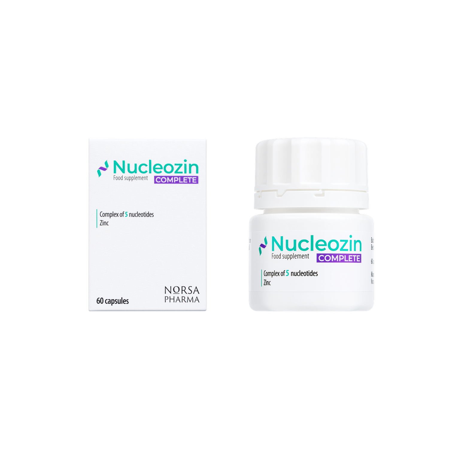 White Nucleozin Complete box and bottle with purple accents, containing 60 capsules of nucleotides and zinc.