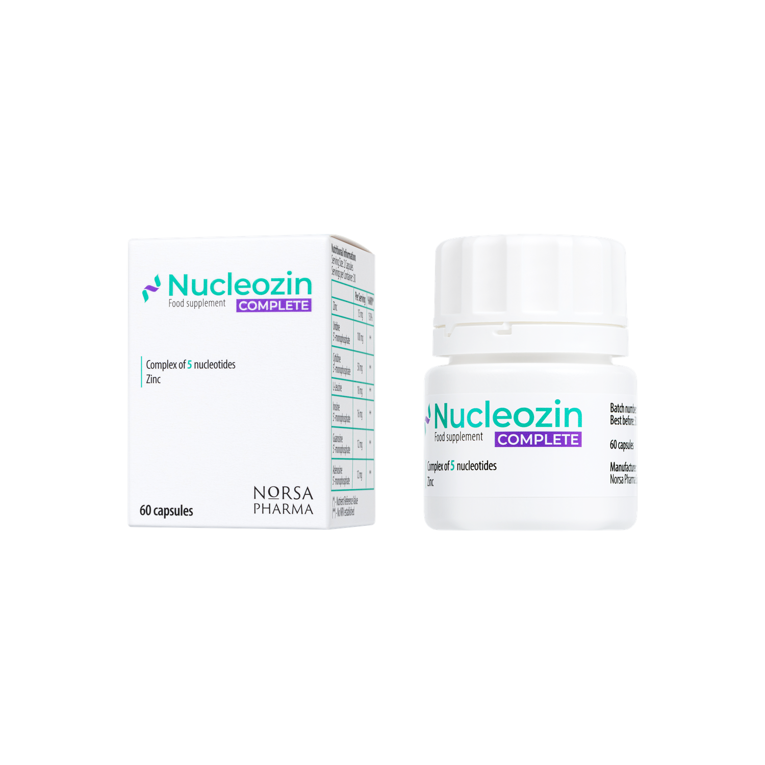 White Nucleozin Complete box and bottle with green and purple accents, featuring 5 nucleotides and zinc.