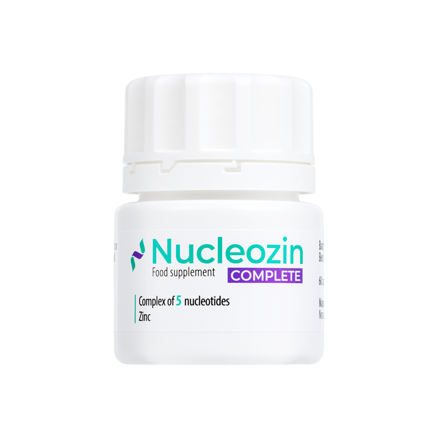 White Nucleozin Complete food supplement bottle with green and purple label, containing 5 nucleotides and zinc.