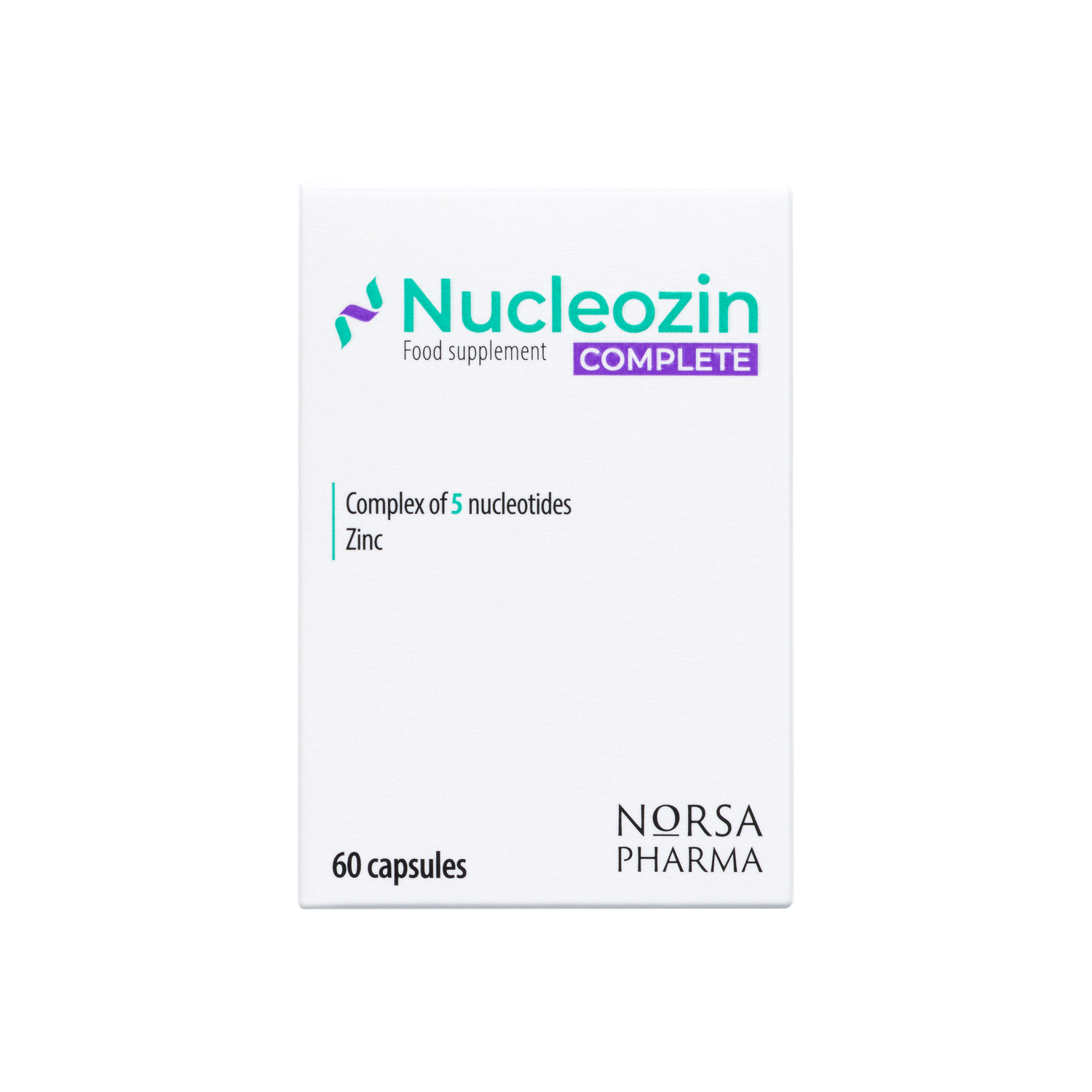 White Nucleozin Complete box with green and purple logo, listing 5 nucleotides, zinc, and 60 capsules.