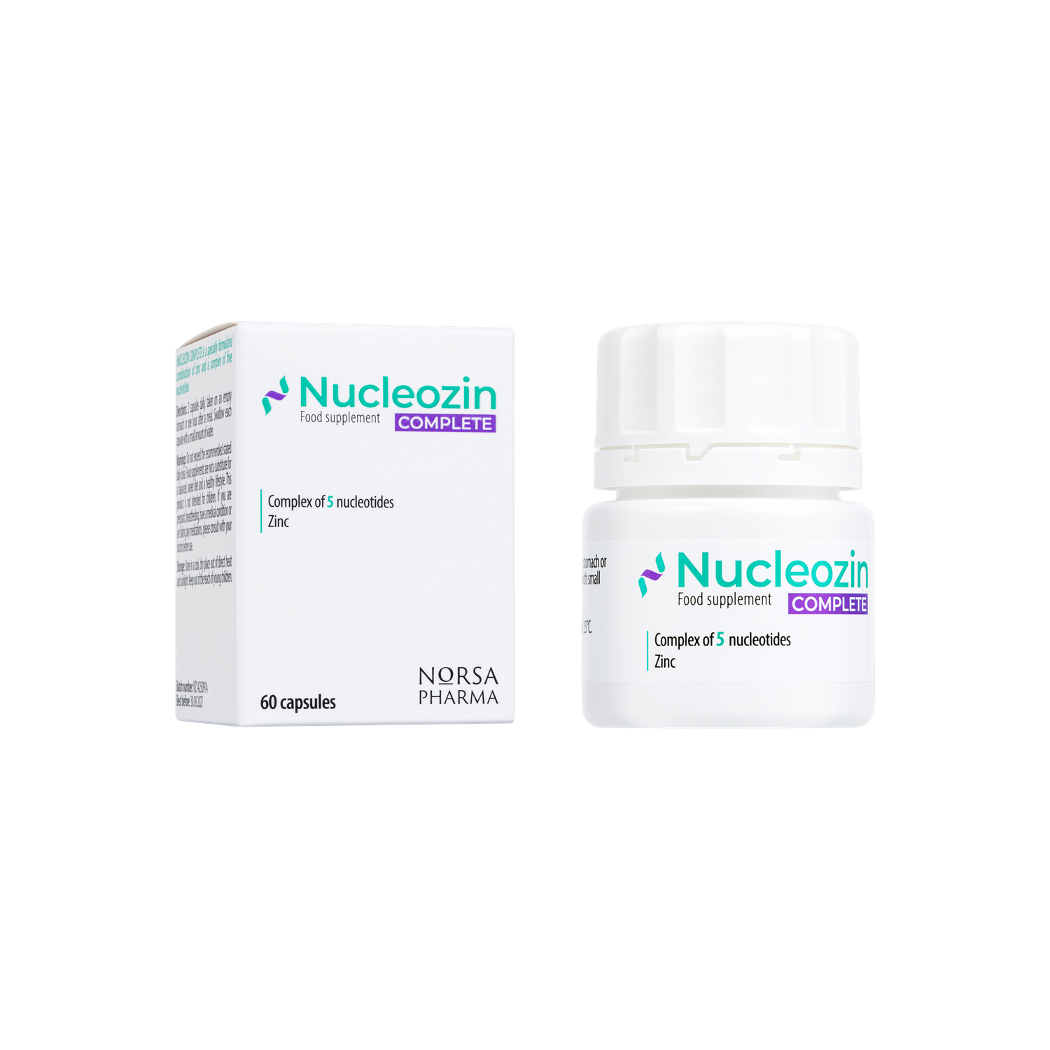White Nucleozin Complete box and bottle with purple accents, containing 60 capsules of nucleotides and zinc.
