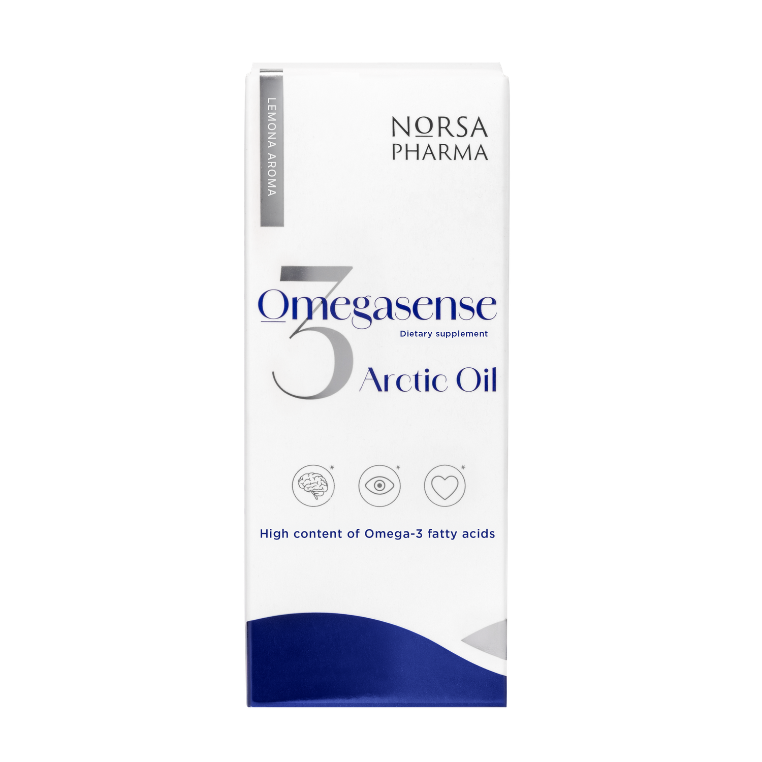Omegasense Arctic Oil lemon-flavored cod liver oil bottle and white box with blue accents.