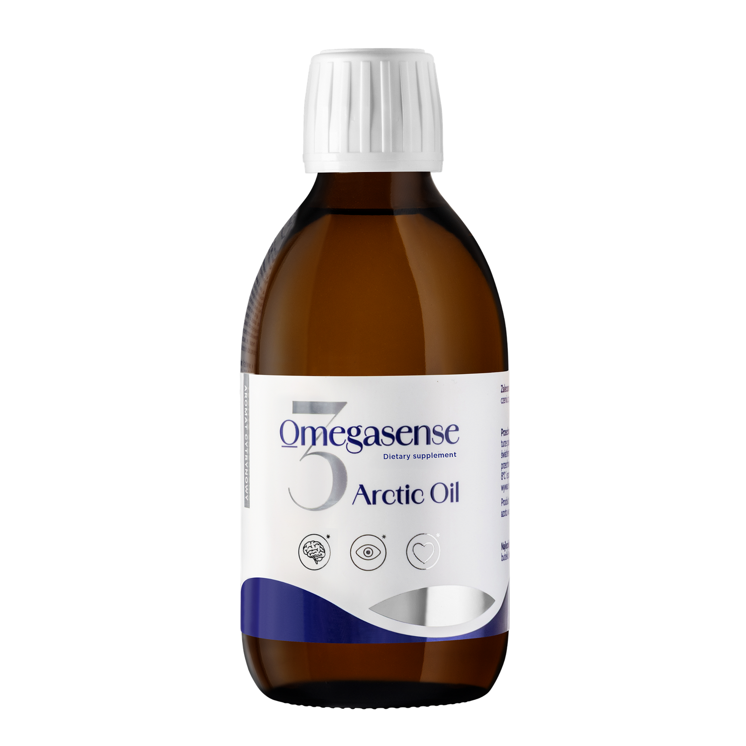 Omegasense Arctic Oil 250ml dark amber bottle with white cap and blue-white label.