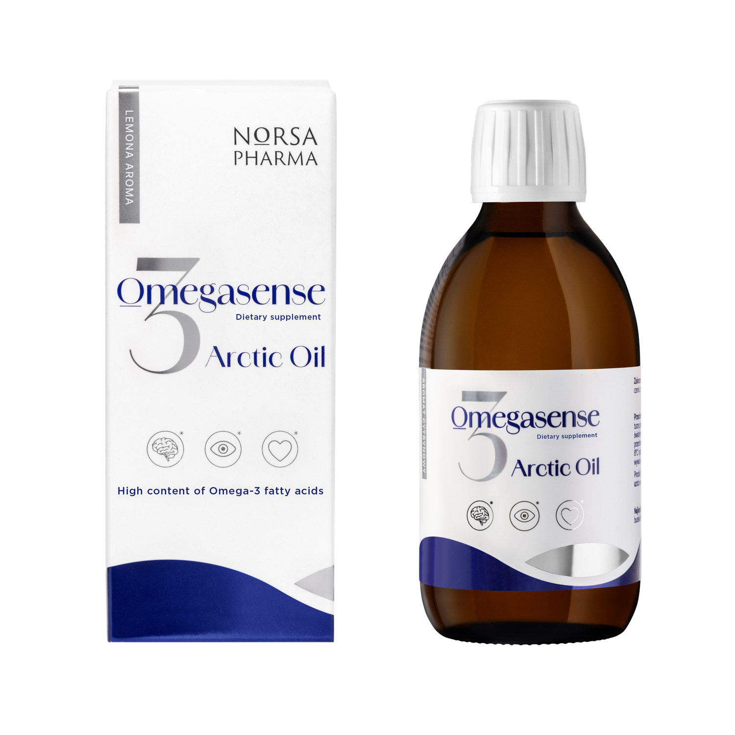 Omegasense Arctic Oil lemon-flavored cod liver oil bottle and white box with blue accents.