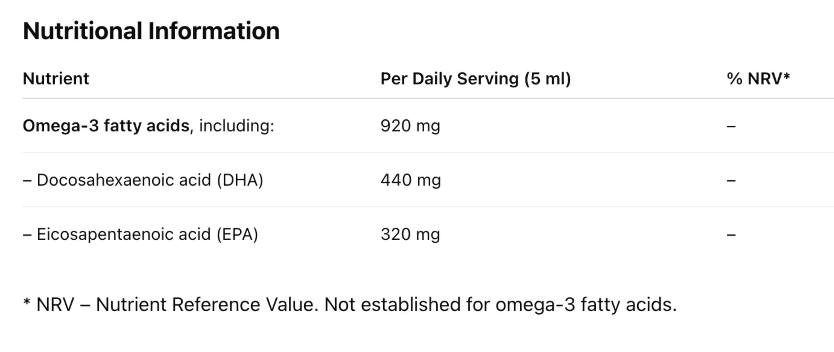 Nutritional information table for omega-3 fatty acids including DHA and EPA.