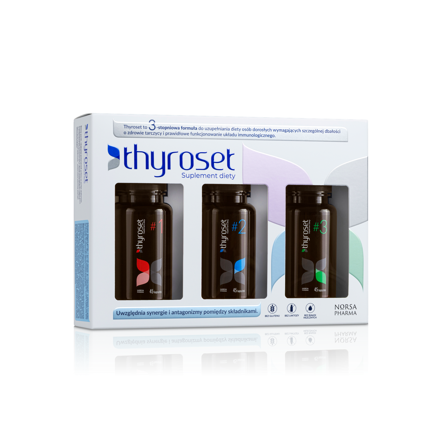 Thyroset 3-stage nutrient complex: three dark brown bottles with colored labels (#1 red, #2 blue, #3 green) in a white box.
