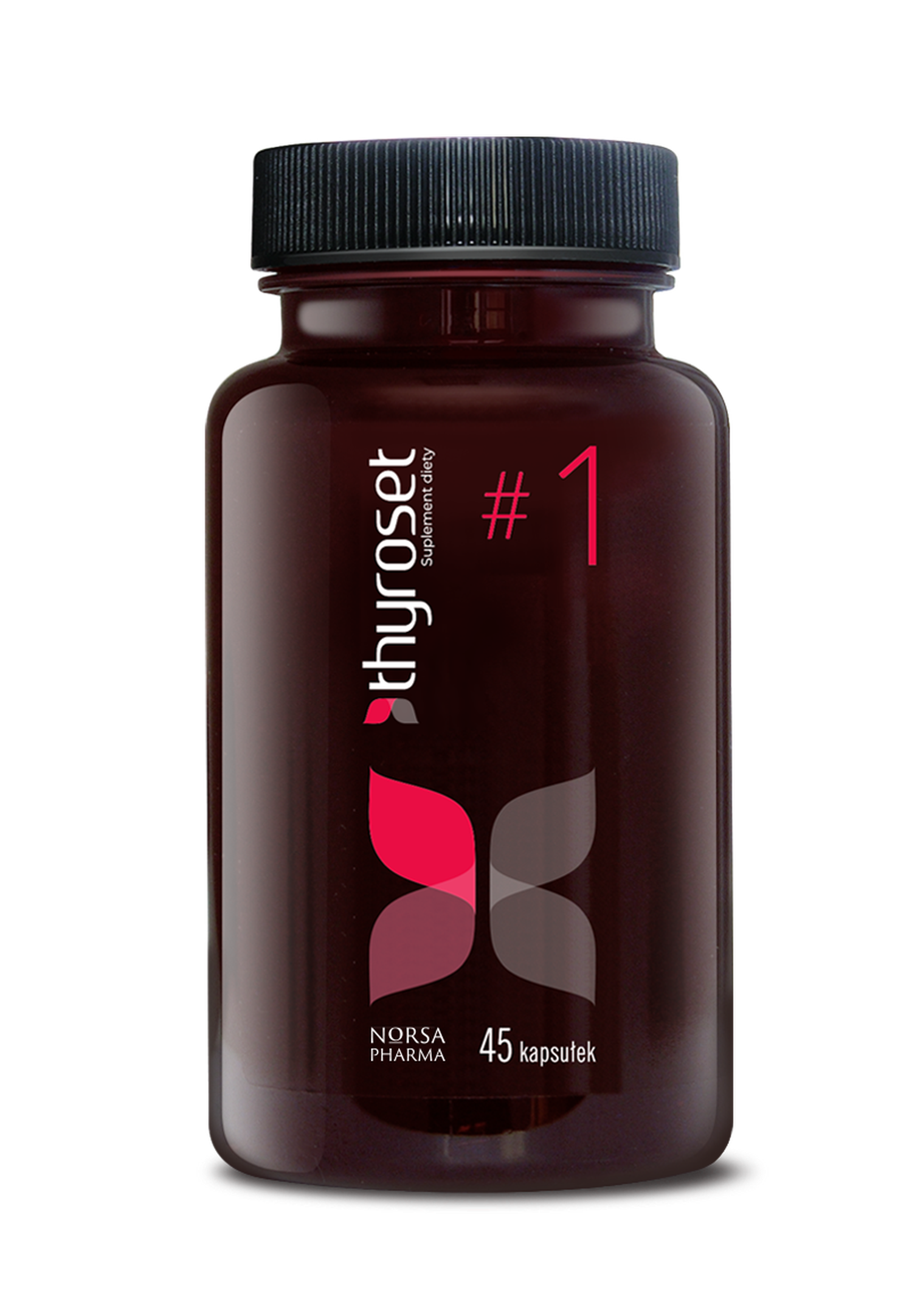 Thyroset #1 dark red bottle with black cap, 45 capsules, Norsa Pharma branding.