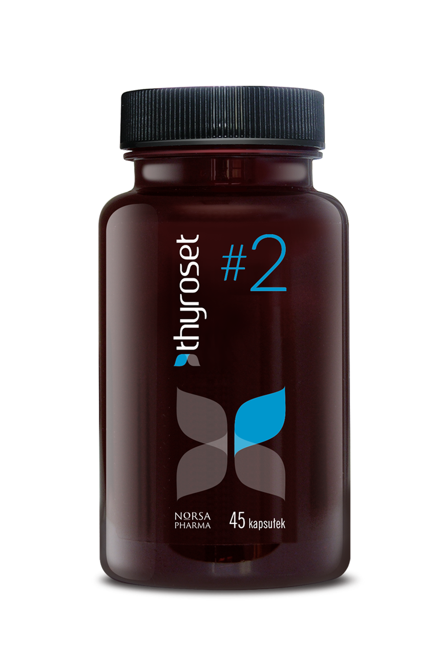 Dark brown Thyroset #2 bottle with black ribbed cap and blue leaf logo, 45 capsules.