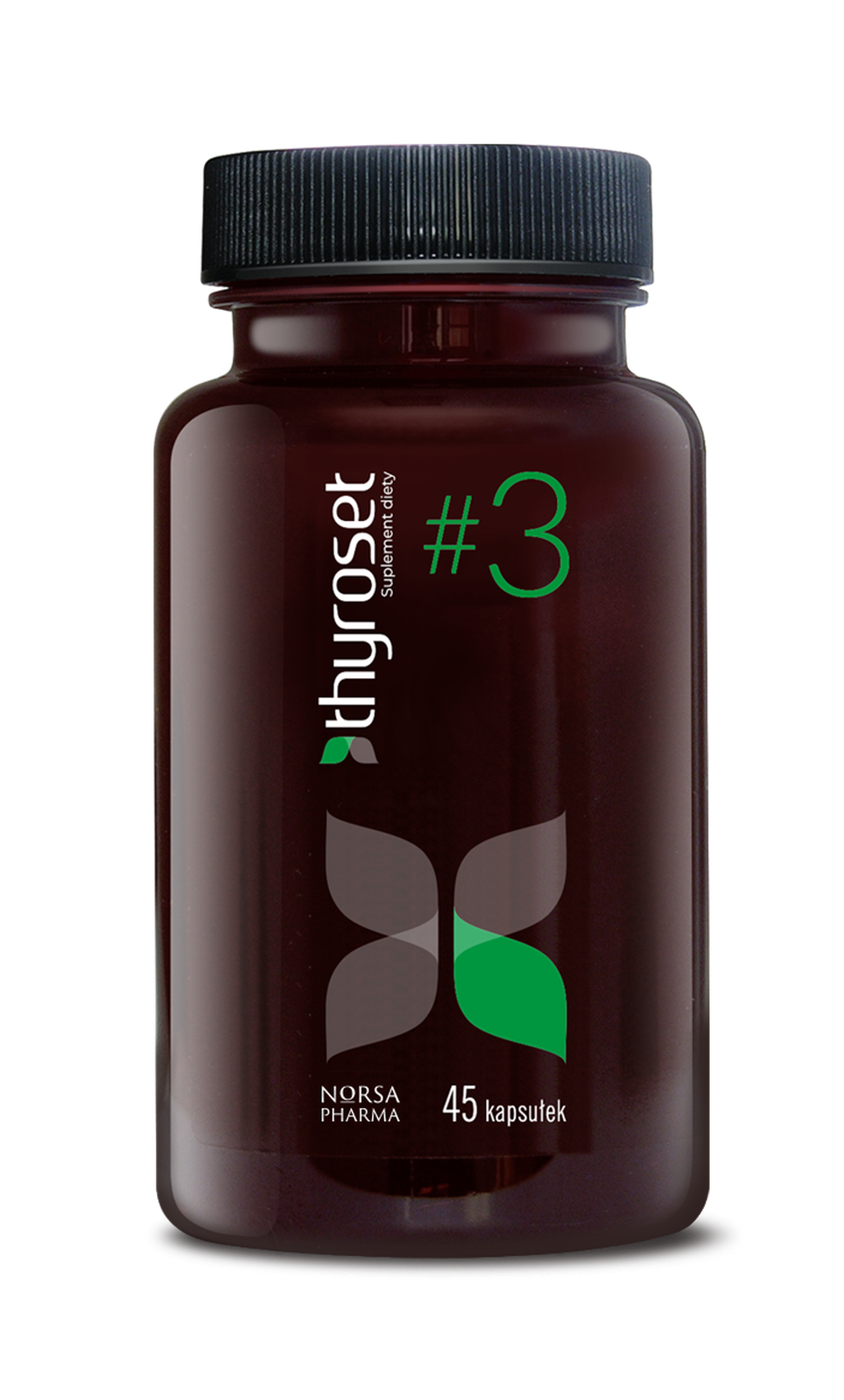Thyroset dark brown bottle with black cap, green "thyroset #3" logo, and "45 kapsułek".