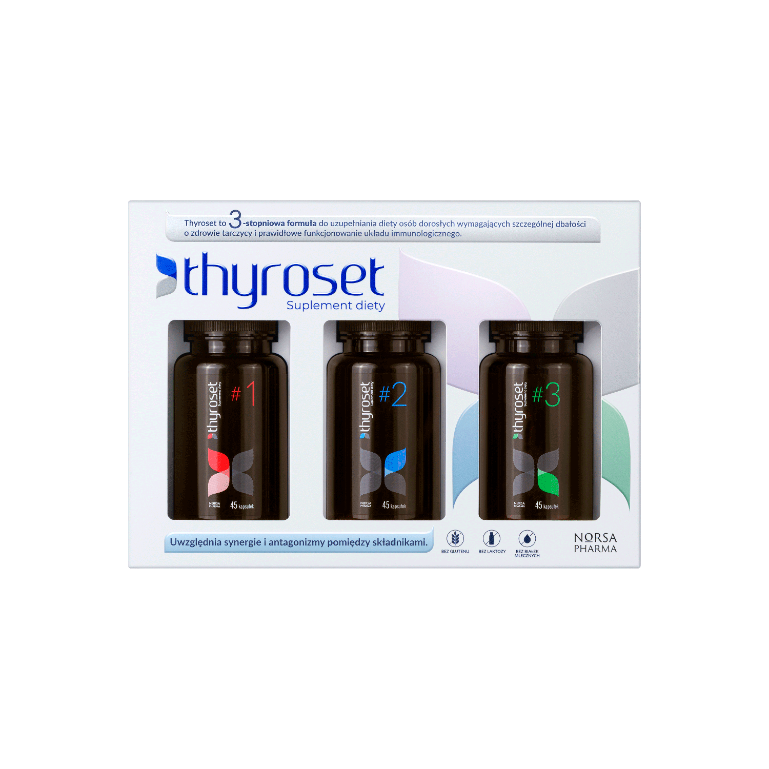 Thyroset 3-stage nutrient complex: three dark brown bottles with colored labels (#1 red, #2 blue, #3 green) in a white box.