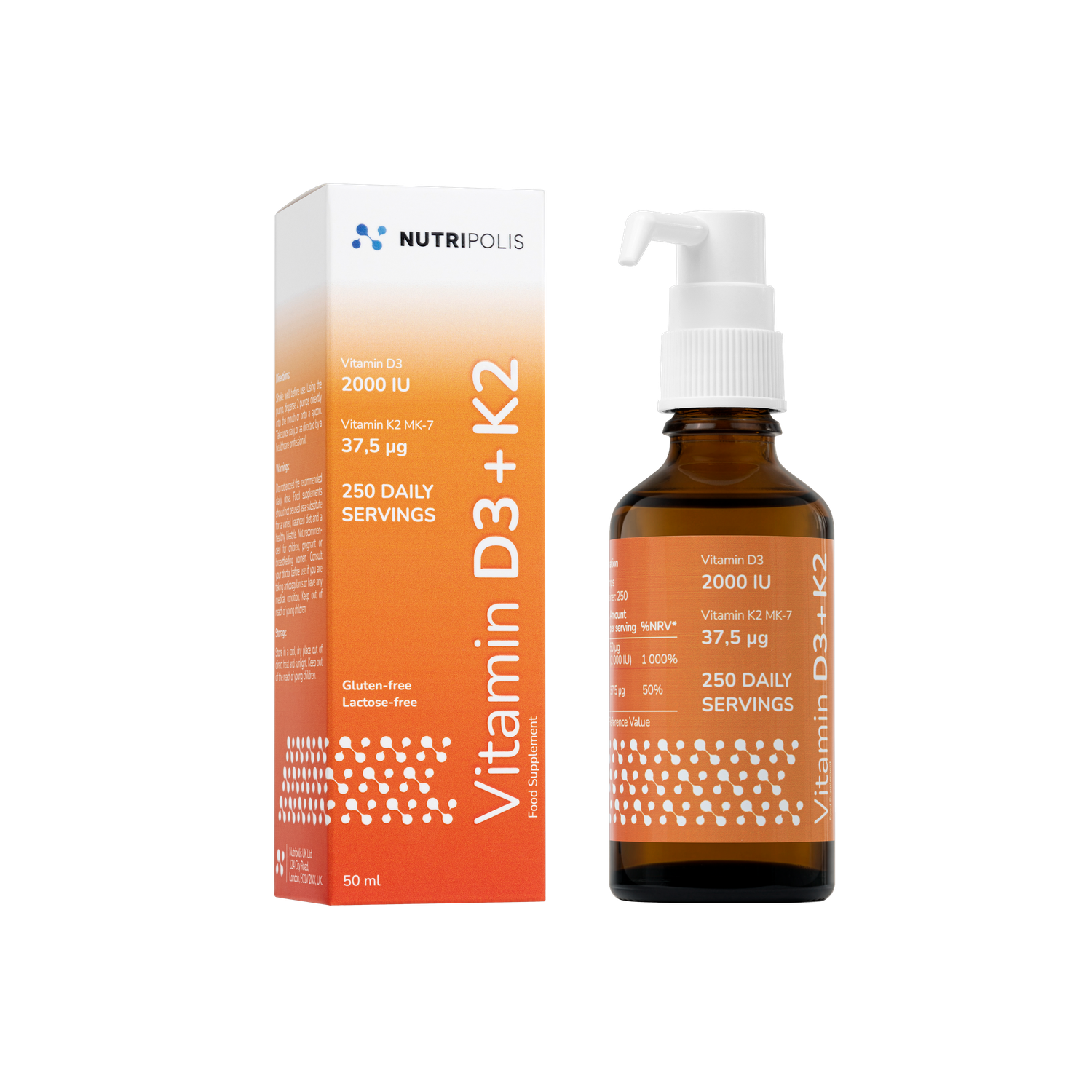 Nutripolis Vitamin D3 + K2 2000 IU 50ml amber glass bottle with white pump and matching orange box.