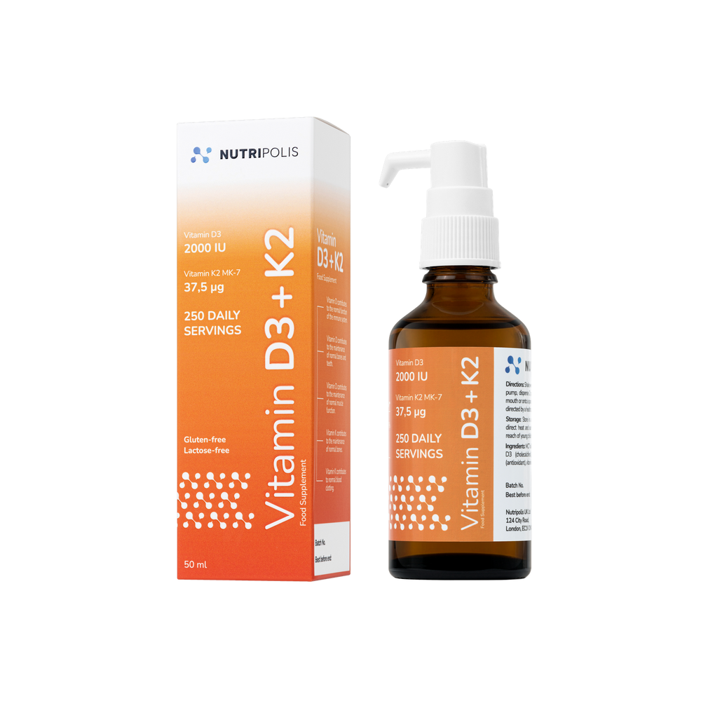 Nutripolis Vitamin D3+K2 liquid supplement in a brown glass bottle with white pump and matching orange-white box.