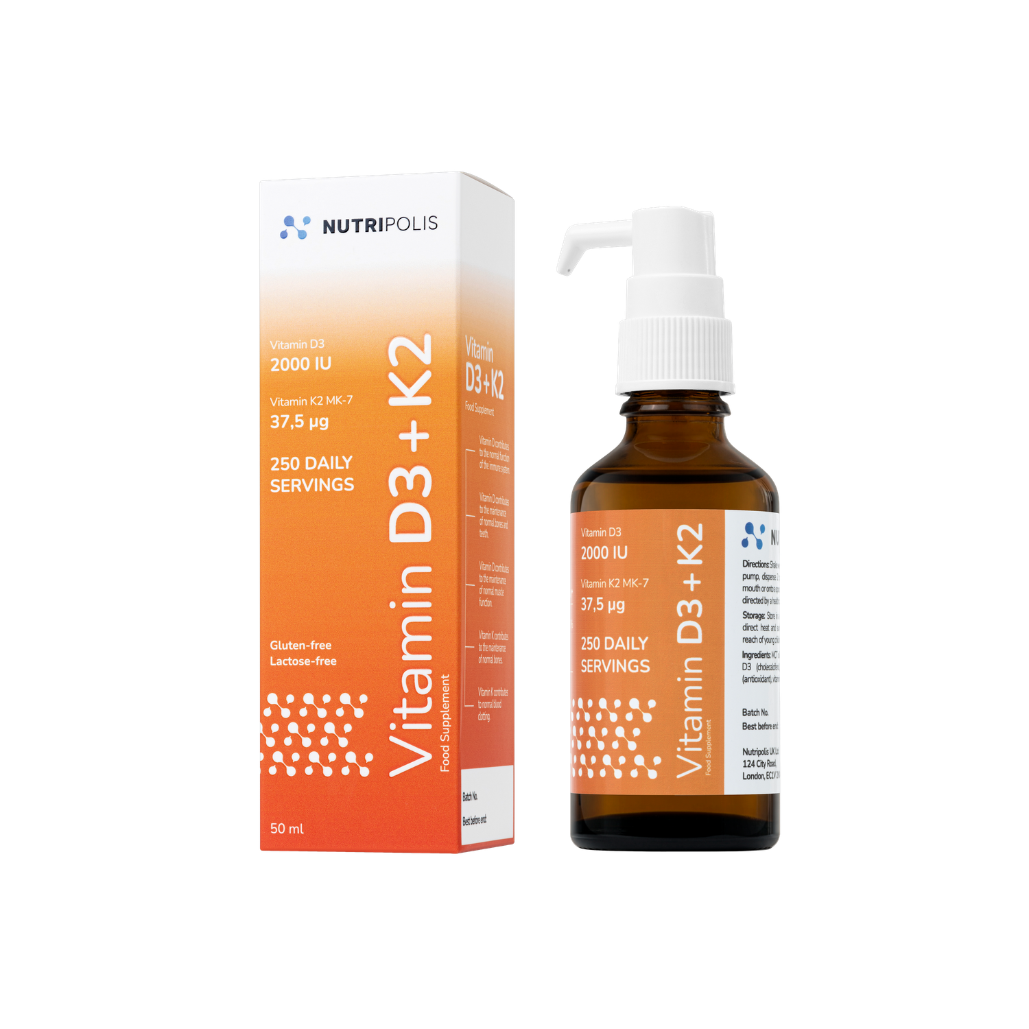Nutripolis Vitamin D3+K2 liquid supplement in a brown glass bottle with white pump and matching orange-white box.
