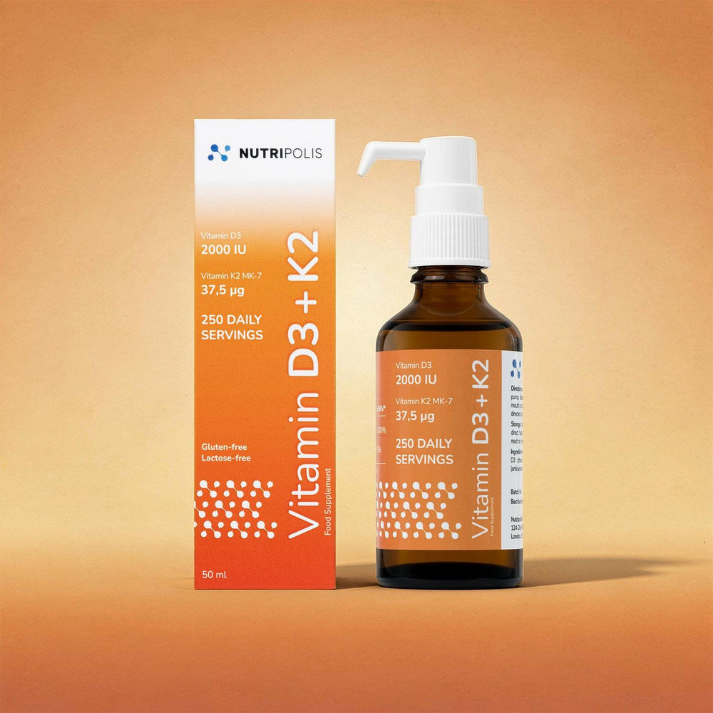 Nutripolis Vitamin D3 + K2 liquid supplement in an amber glass bottle with a white pump next to its orange and white box.