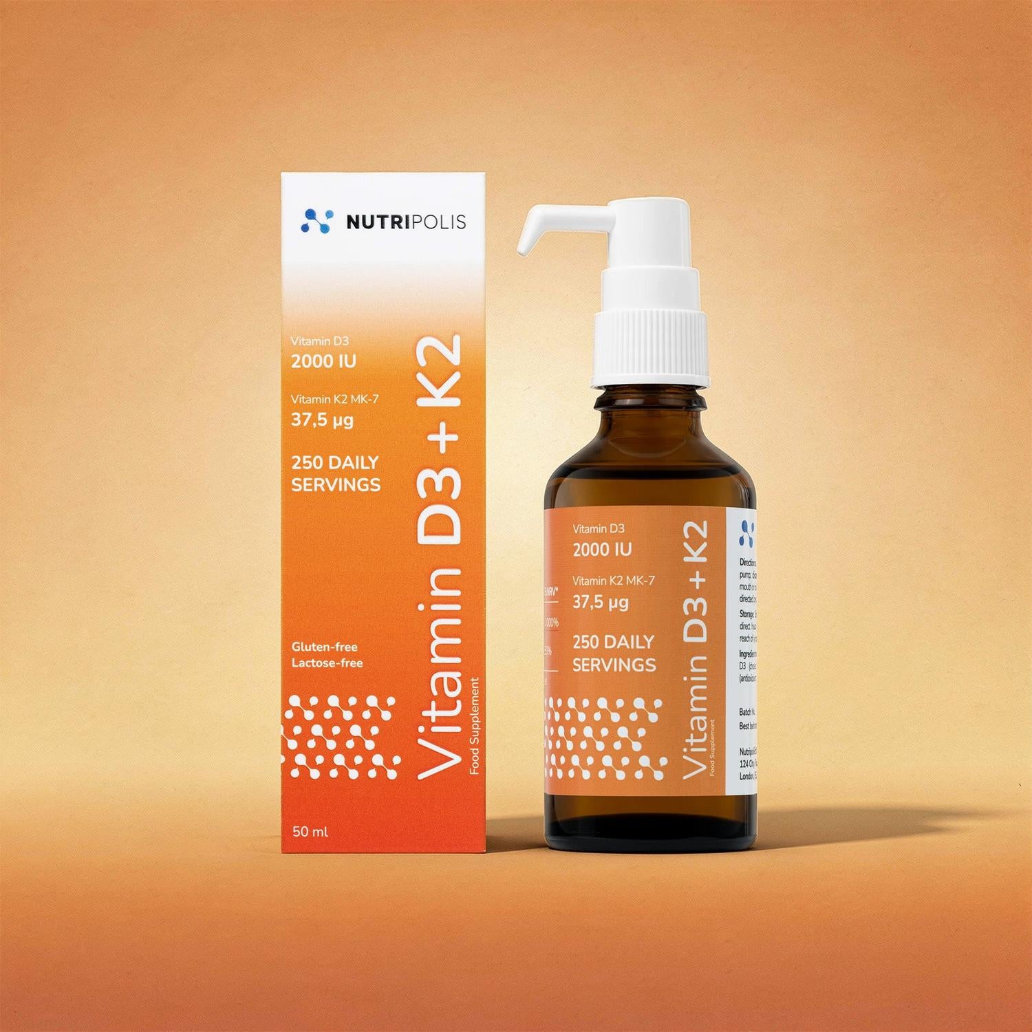 Nutripolis Vitamin D3 + K2 liquid supplement in an amber glass bottle with a white pump next to its orange and white box.