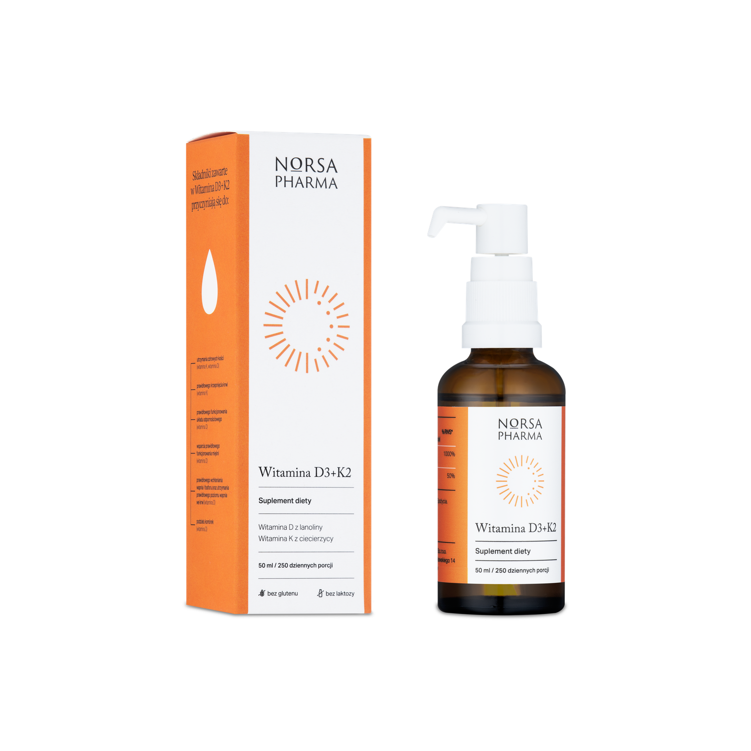 Norsa Pharma Vitamin D3+K2 liquid supplement in a brown glass bottle with a white pump and matching white and orange box.