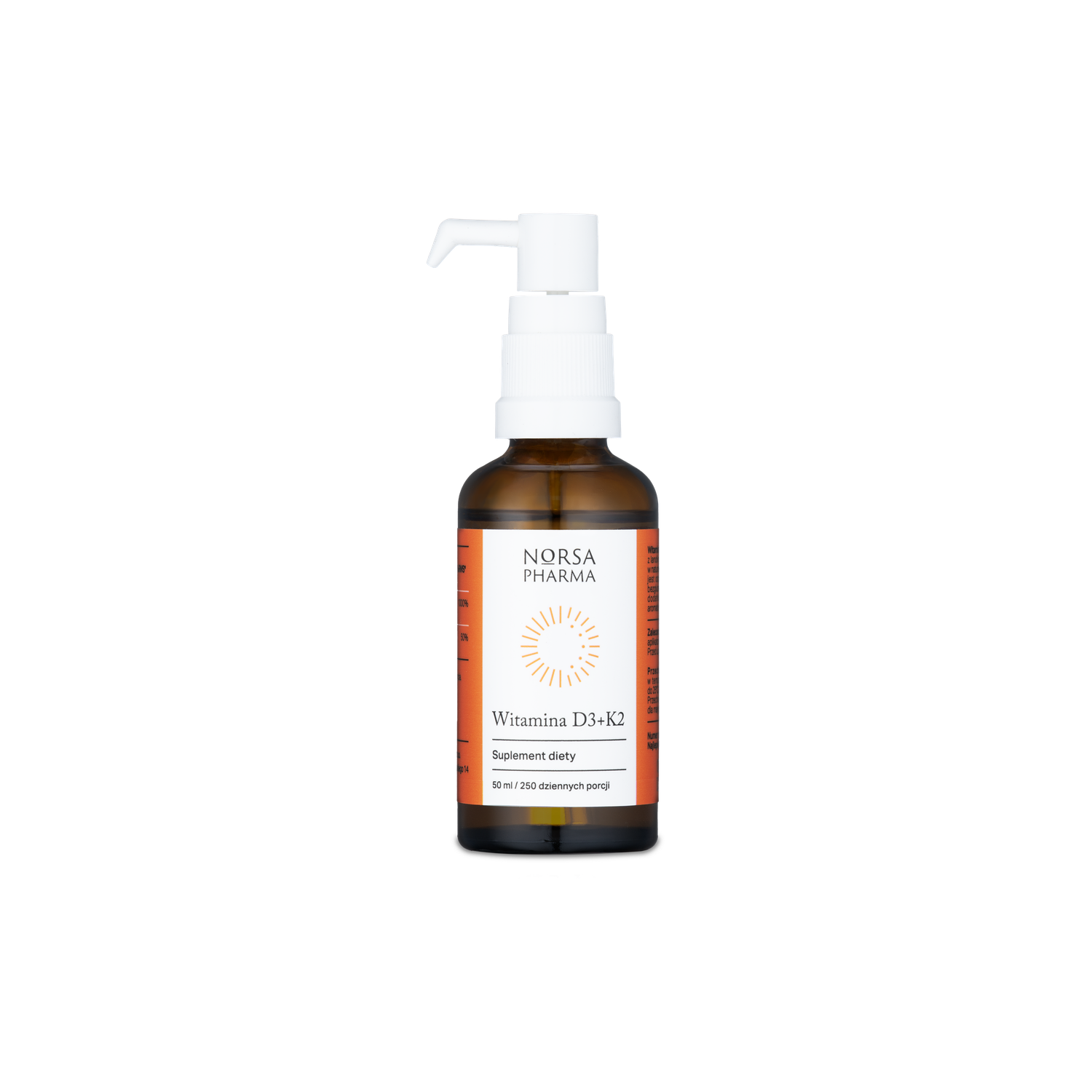 Norsa Pharma Vitamin D3+K2 liquid supplement in a brown glass bottle with a white pump dispenser.