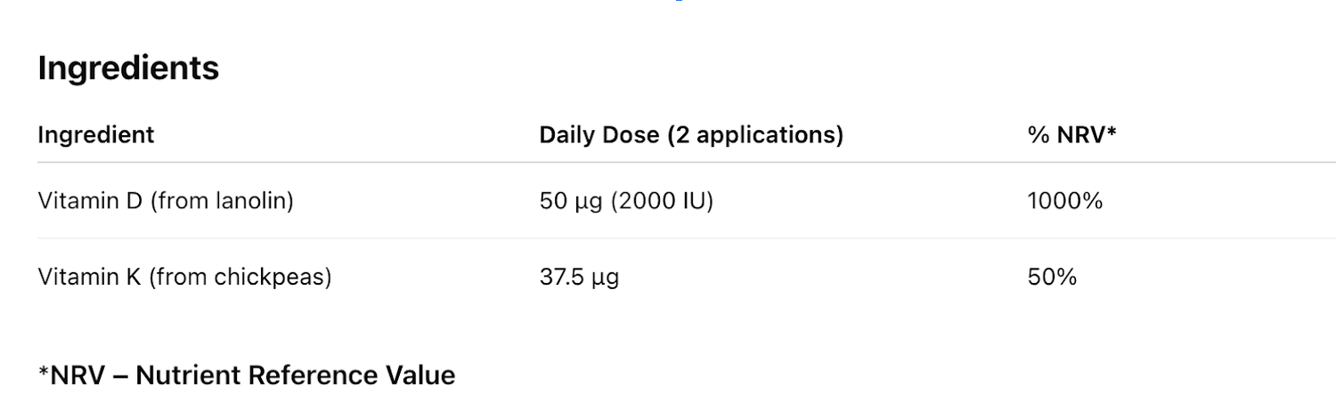Ingredients list for Vitamin D3 + K2 liquid, showing 50 µg Vitamin D and 37.5 µg Vitamin K.