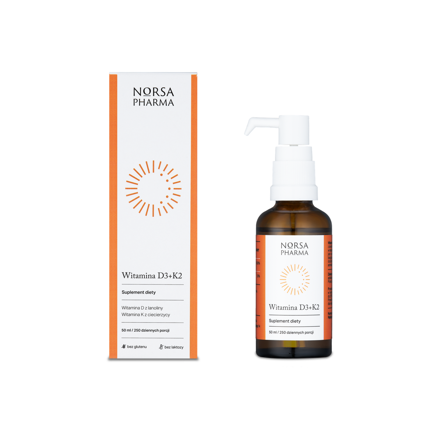 Norsa Pharma Vitamin D3+K2 liquid supplement in a brown glass bottle with a white pump and matching white and orange box.