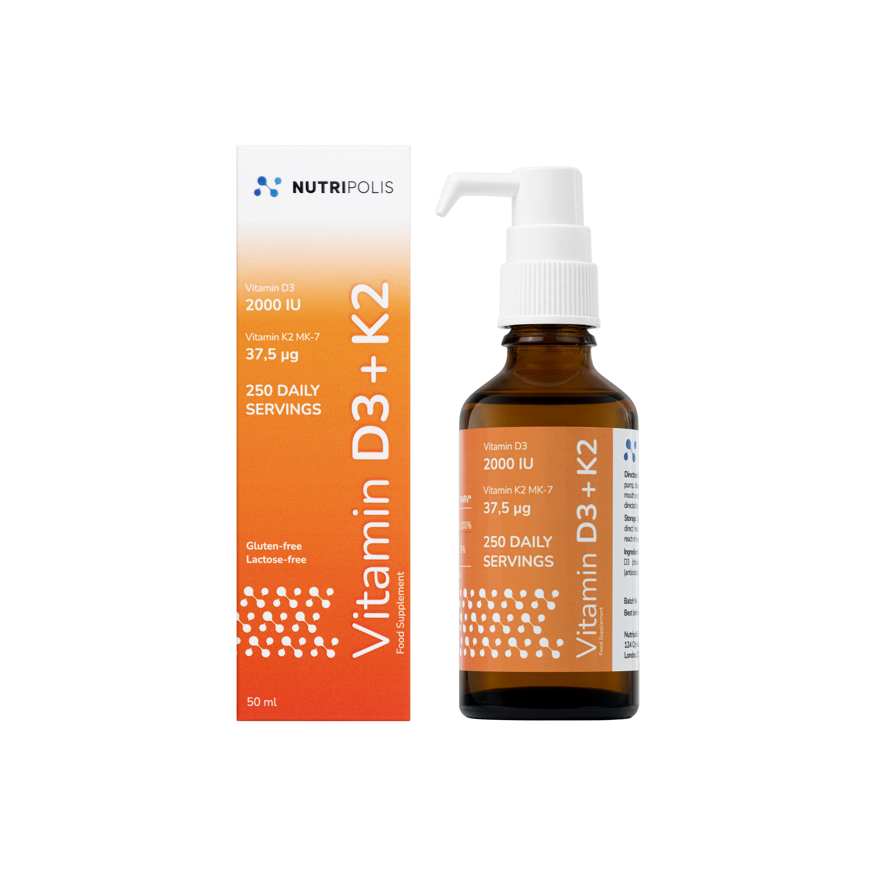 Nutripolis Vitamin D3 + K2 supplement bottle and packaging on a white background