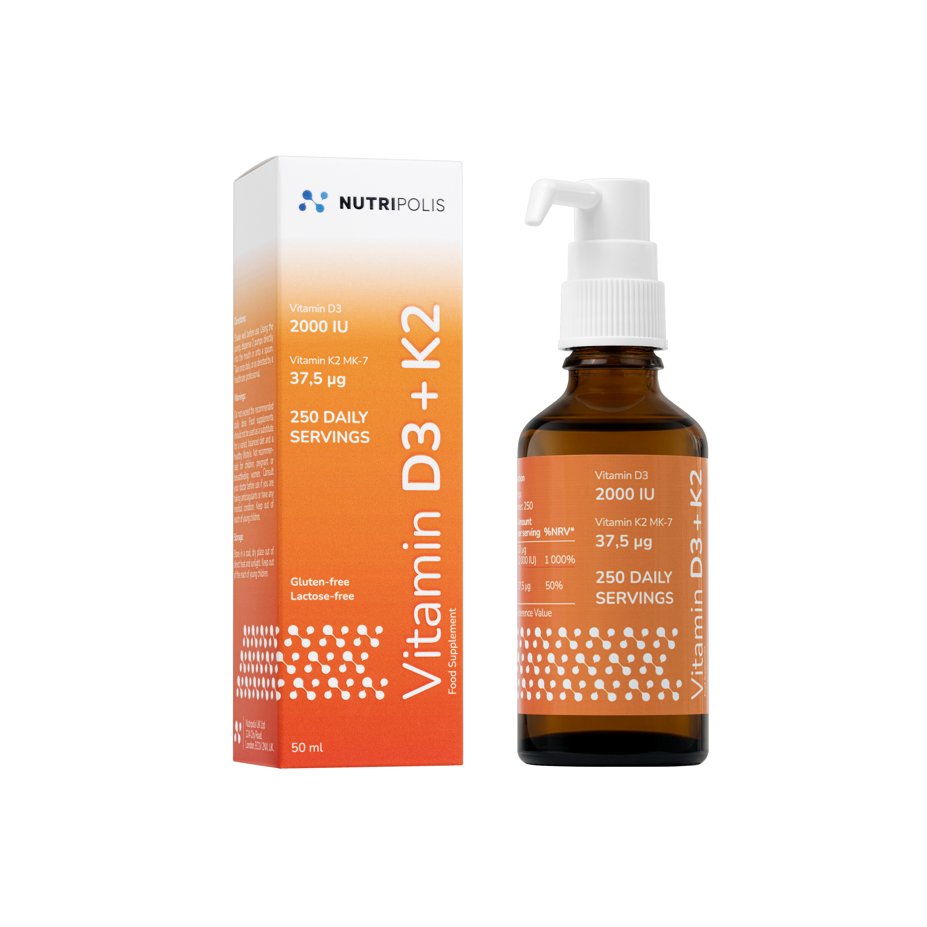 Vitamin D3 + K2 supplement bottle and packaging on a white background